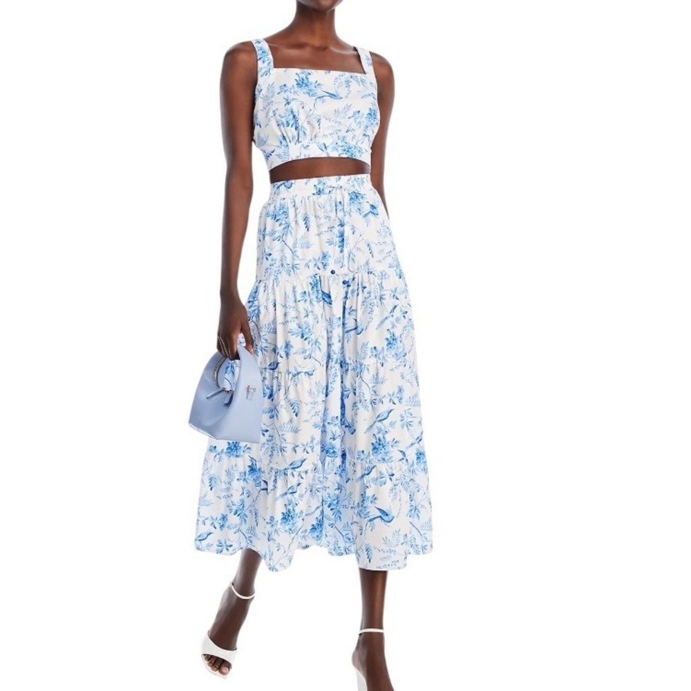 AQUA Sleeveless Square Neck Blue Toile Crop Top &‎ Midi Tiered Skirt  Size L NWT